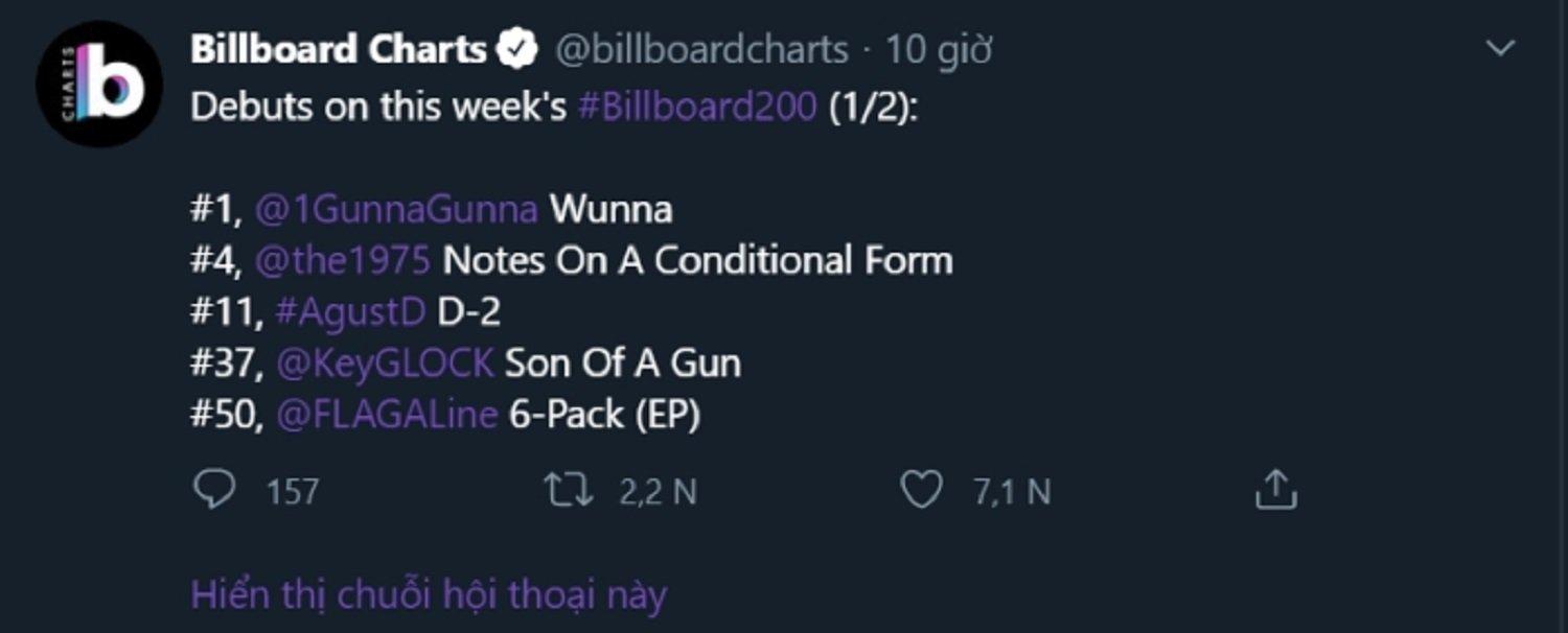 D-2 đạt vị trí thứ 11 trên Billboard 200 (Ảnh: Internet)