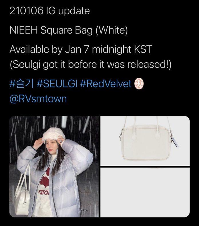 Hai thành viên Yeri và Seulgi của Red Velvet đều diện những item của thương hiệu Nieeh như áo và túi xách. (Ảnh: Internet)
