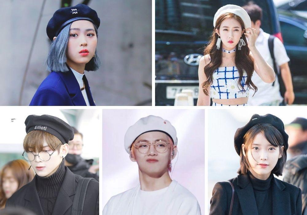 Nhiều thần tượng KPOP nổi tiếng như V BTS, Ryujin ITZY, SinB GFriend hay IU đều rất yêu thích kiểu mũ Beret đơn giản. (Ảnh: Internet)