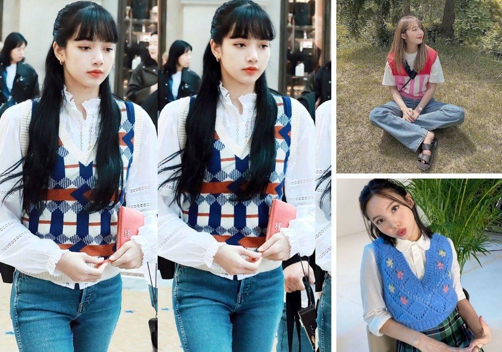 Lisa BLACKPINK, Nayeon Twice hay Eunji Apink đều lựa chọn những chiếc áo gile len màu sắc. (Ảnh: Internet)