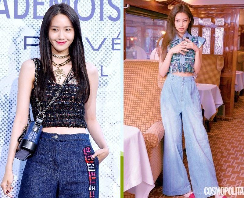 Những set trang phục phù hợp đi chơi với bạn bè trong dịp Tết. Cả Yoona SNSD và Jennie BLACKPINK đều lựa chọn kết hợp áo vải tweed cùng quần Jean ống rộng vô cùng năng động và trẻ trung. (Ảnh: Internet)
