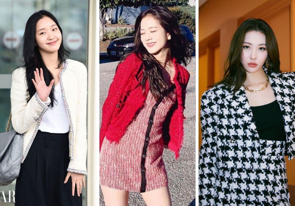 Diễn viên Kim Go Eun, nữ idol Jisoo BLACKPINK và Sunmi đều lựa chọn những chiếc áo khoác vải tweed để mix trong outfit hằng ngày. (Ảnh: Internet)