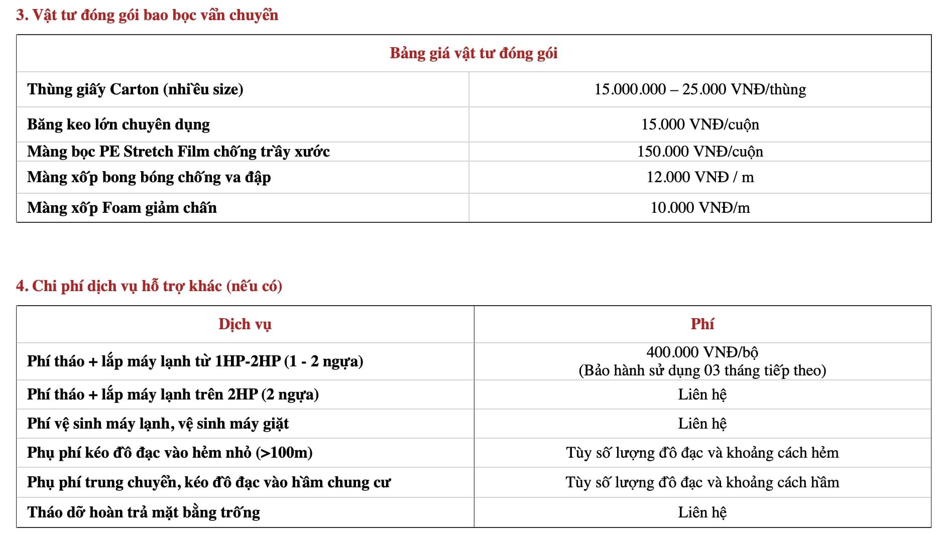 Bảng giá dịch vụ của Công Ty Vận Tải Dịch Vụ Chuyển Nhà Hoàng Dương (Ảnh BlogAnChoi)