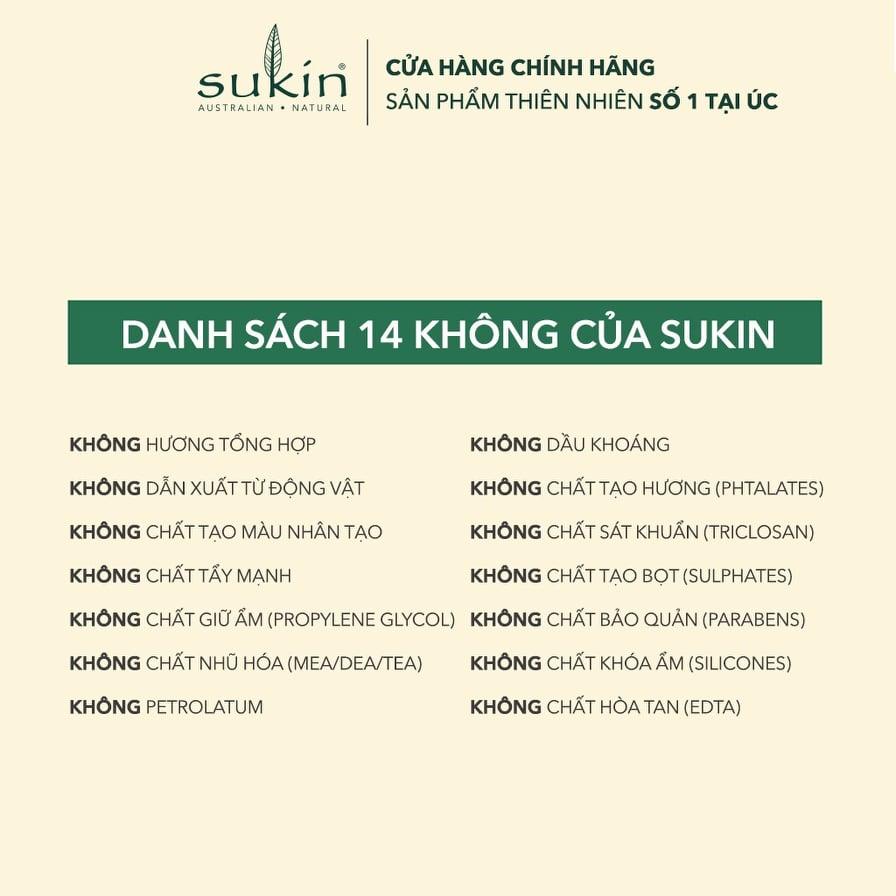 Cam kết 14 không của hãng Sukin về thành phần sản phẩm (Ảnh: Internet).