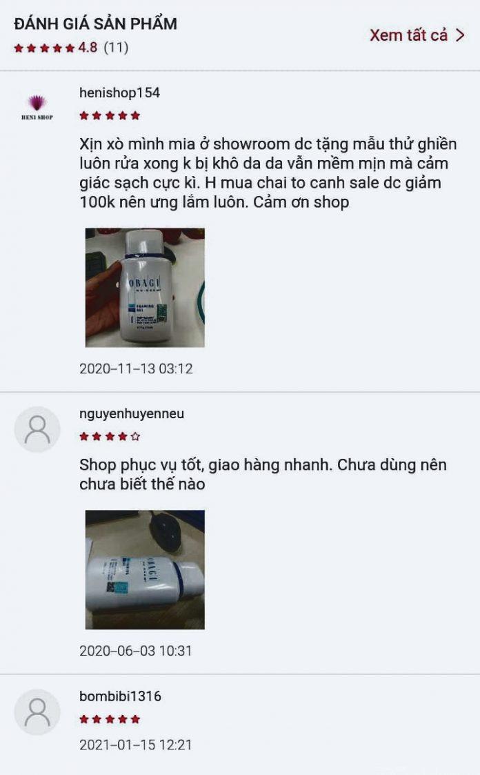 Một vài nhận xét của khách hàng về Sữa rửa mặt Obagi Nu-Derm Foaming Gel trên Shopee (ảnh: internet)
