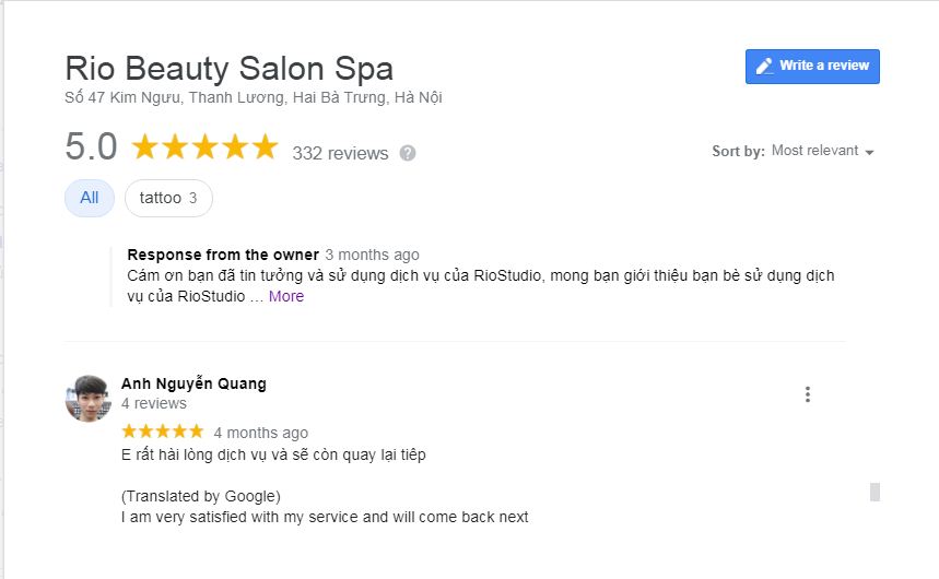 Đánh giá của khách hàng về Rio Beauty Salon Spa ( nguồn: BlogAnChoi)