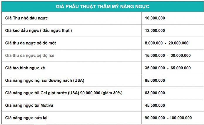 Bảng giá thẩm mỹ ngực Bệnh viện thẩm mỹ Việt Mỹ (Nguồn: Internet)