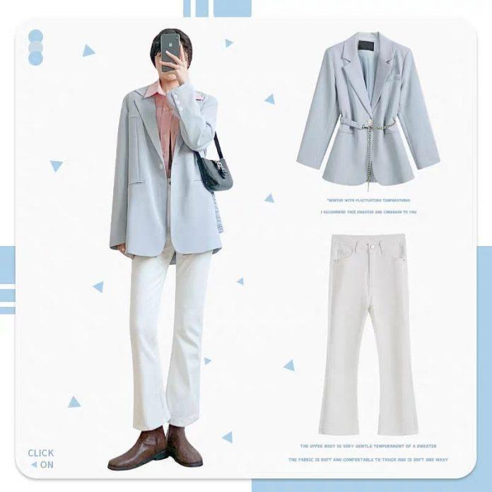 Blazer xanh nhẹ nhàng và quần jean trắng có ống loe nhẹ (Nguồn: BlogAnChoi) Blazer xanh nhẹ nhàng và quần jean trắng có ống loe nhẹ (Nguồn: BlogAnChoi)