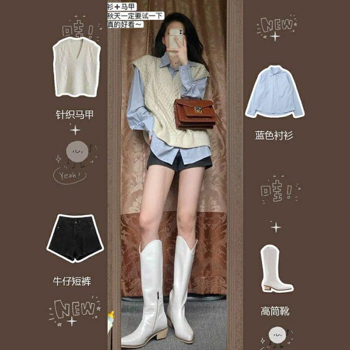 Năng động với áo ghi lê mix sơ mi đi cùng quần jean đen và boots trắng (Nguồn: BlogAnChoi)