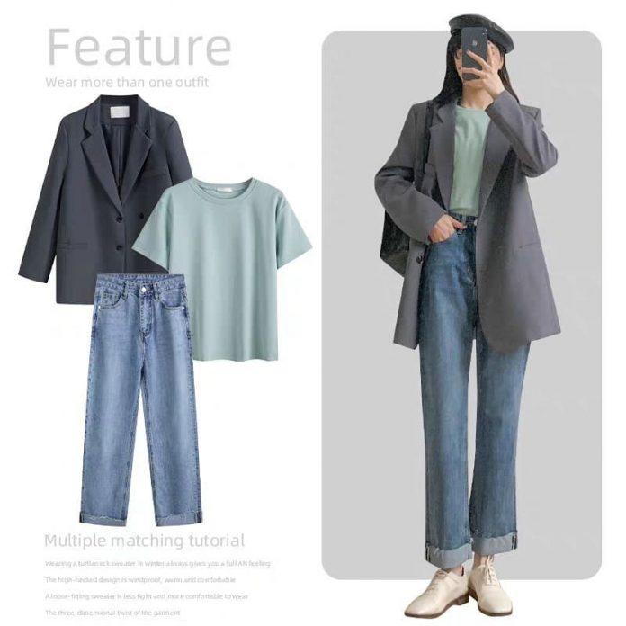 Thanh lịch với quần jean ống rộng mix blazer (Nguồn: Internet) Thanh lịch với quần jean ống rộng mix blazer (Nguồn: Internet)
