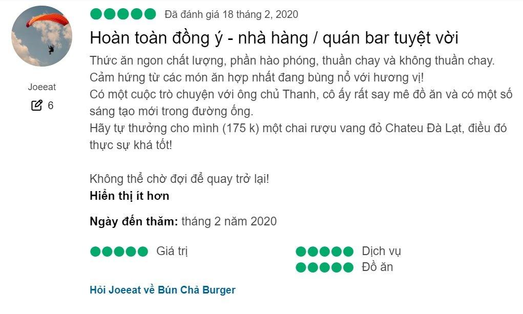 Đánh giá của khách hàng về Bún chả Burger (Nguồn: BlogAnChoi)