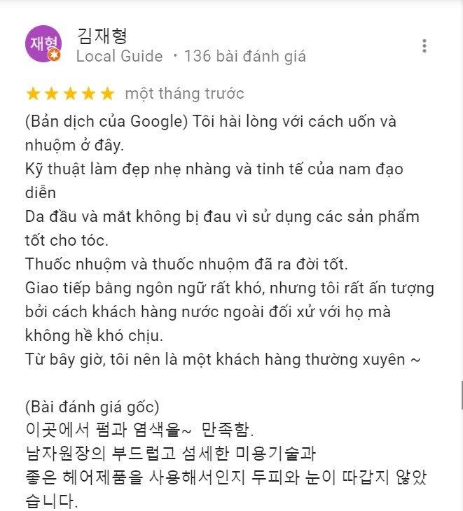 Đánh giá từ một người Hàn Quốc sống và làm việc tại Đà Nẵng về dịch vụ của Lãng Tử Hair Salon (Nguồn: Internet)