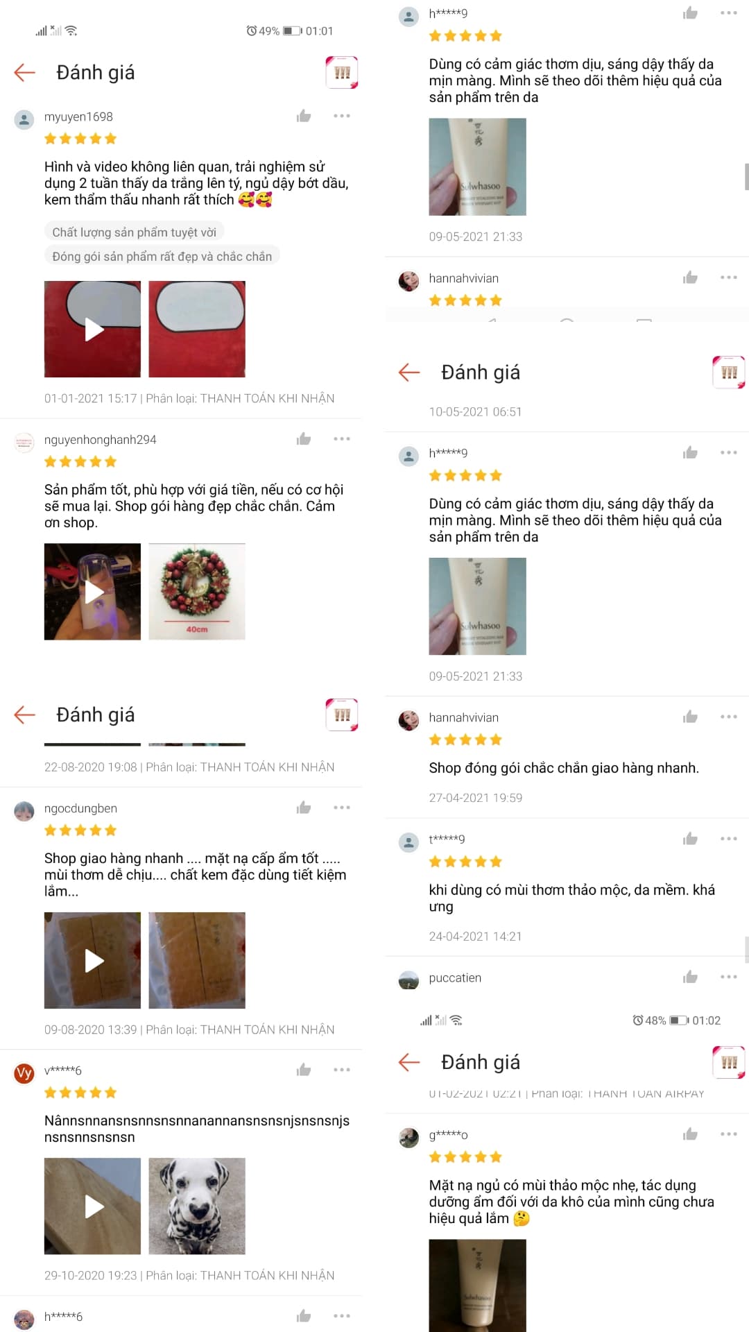 Khác h hàng trên Shopee sau khi trải nghiệm Mặt nạ ngủ Sulwhasoo Overnight Vitalizing Mask EX có phản hồi tích cực về sản phẩm ( Nguồn: internet)