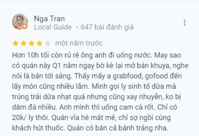 Đánh giá của khách hàng về quán Sinh Tố Nhung - Trần Khắc Chân. (Ảnh: BlogAnChoi)