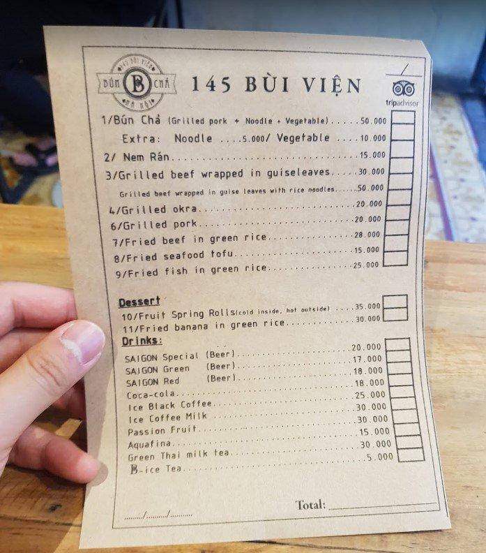 Menu tại bún chả 145 (Nguồn: Internet) Menu tại bún chả 145 (Nguồn: Internet)