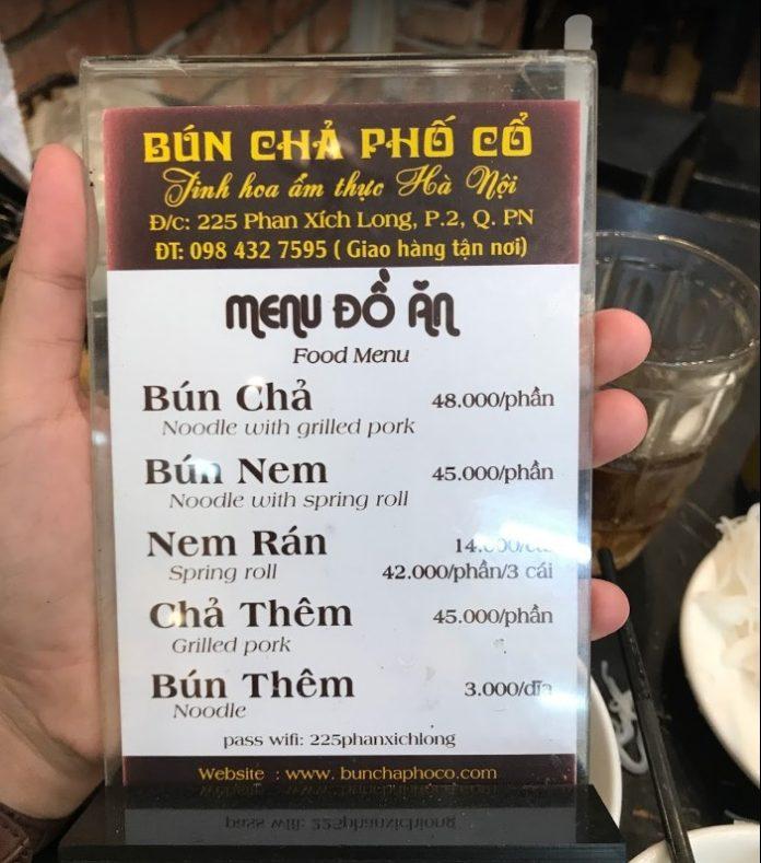 Menu tại Bún chả Phố Cổ (Nguồn: Internet)