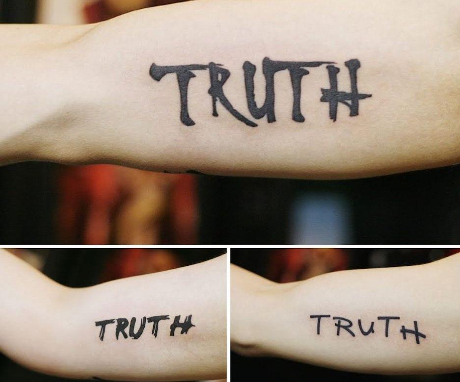 Hình xăm TRUTH với 3 kiểu chữ khác nhau rất giống của Jungkook, Yugyeom và Mark (Ảnh: Internet)