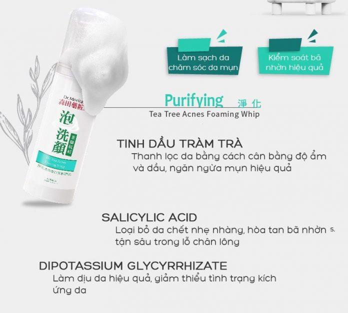 Sữa rửa mặt Dr.Morita Tea Tree Acnes Foaming Whip sở hữu những thành phần vàng giúp kiềm dầu và trị mụn hiệu quả (Nguồn: Internet).