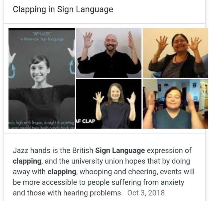 Hành động vỗ tay thể hiện trong ngôn ngữ ký hiệu (Ảnh: Interenet)