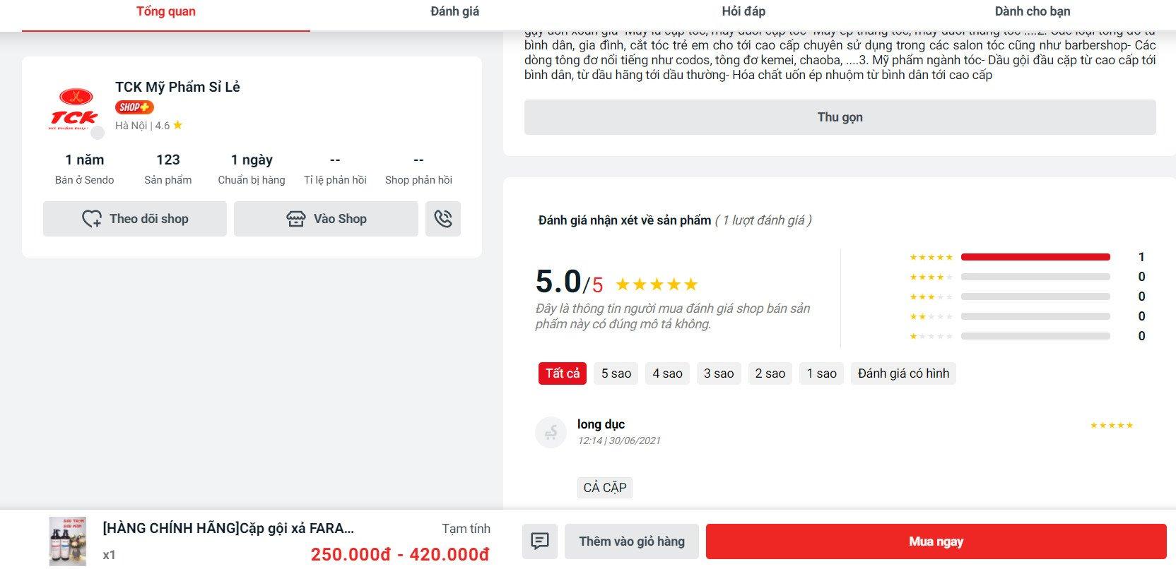 Khách hàng đánh giá cao về sản phẩm trên trang Sendo (ảnh: BlogAnChoi).