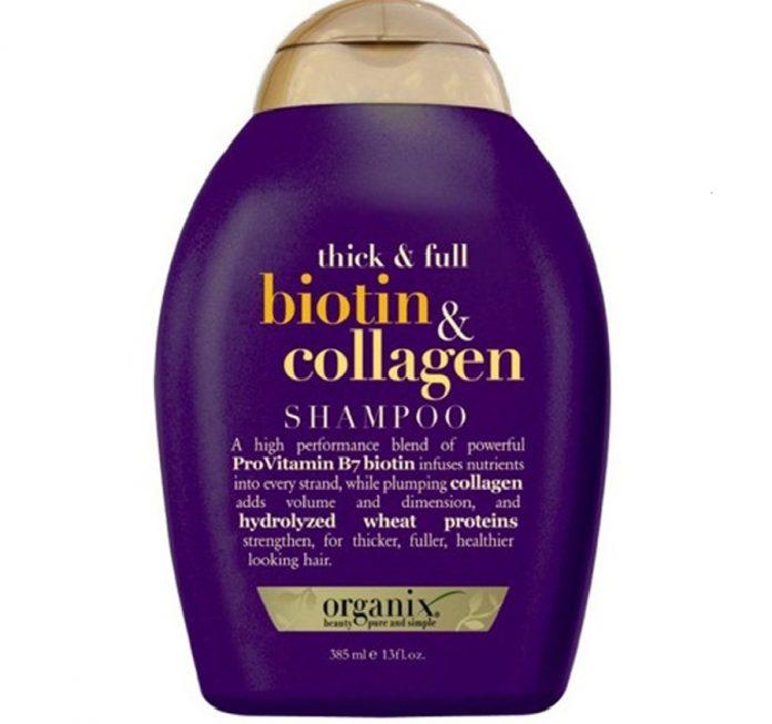 Dầu gội OGX Thick And Full Biotin Collagen với thiết kế tone tím- vàng bắt mắt và thu hút ( Nguồn: internet)