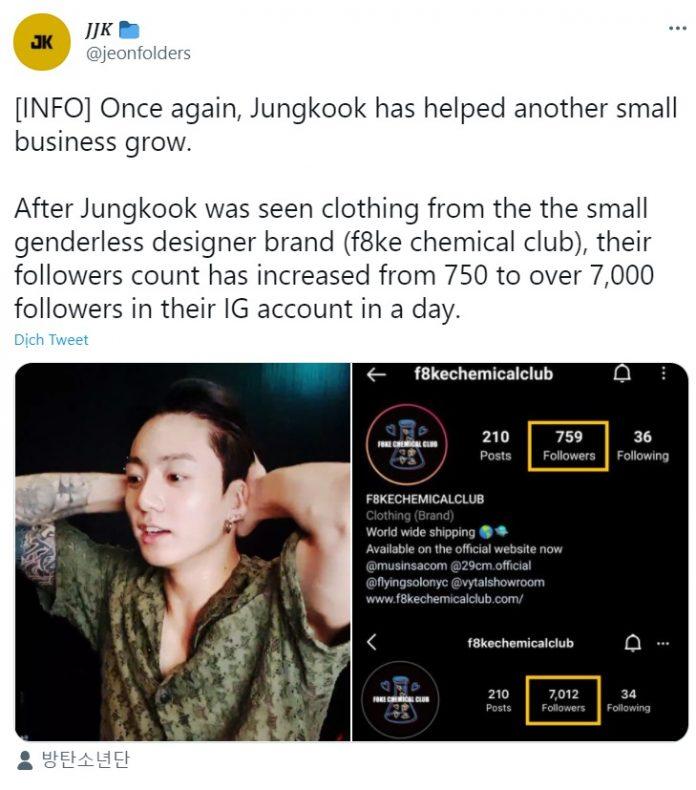 Số lượng người theo dõi tài khoản instagram thương hiệu thiết kế nhỏ này tăng vọt đáng kể khi Jungkook diện set đồ pyjama trên live (Ảnh: Instagram)