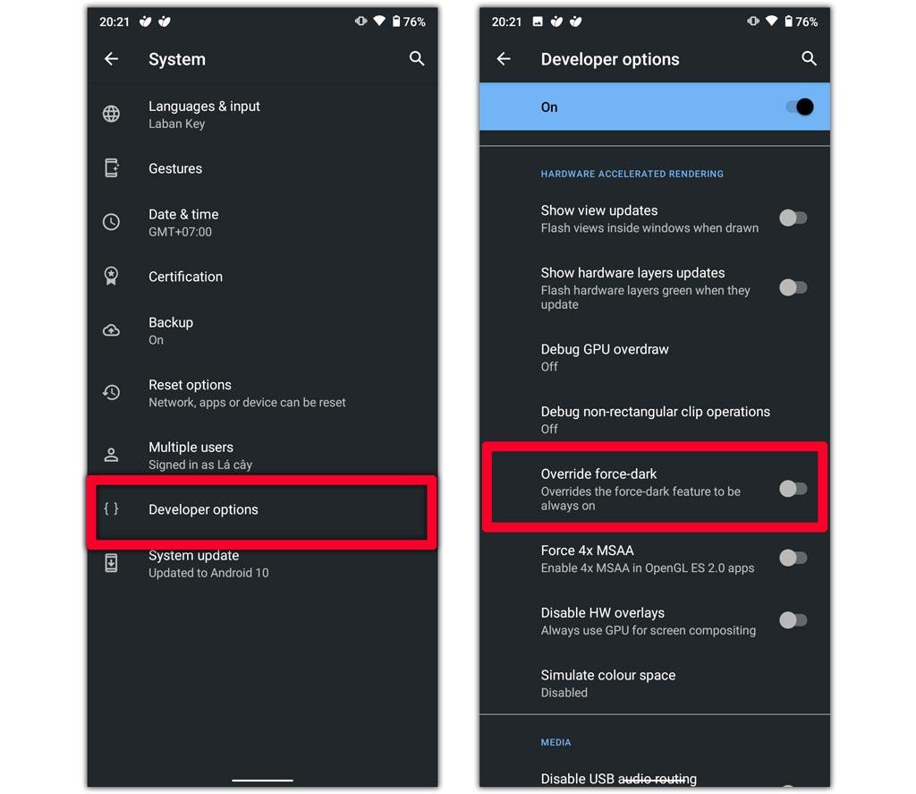 Kích hoạt chế độ Override Force-Dark (Ảnh: Internet). Kích hoạt chế độ Override Force-Dark (Ảnh: Internet).