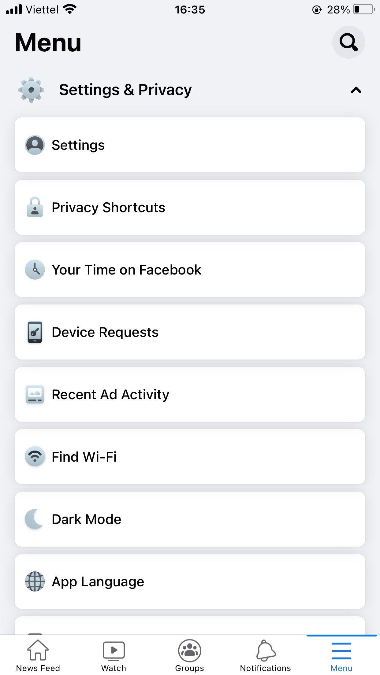 Menu của Facebook (Ảnh: Internet). Menu của Facebook (Ảnh: Internet).