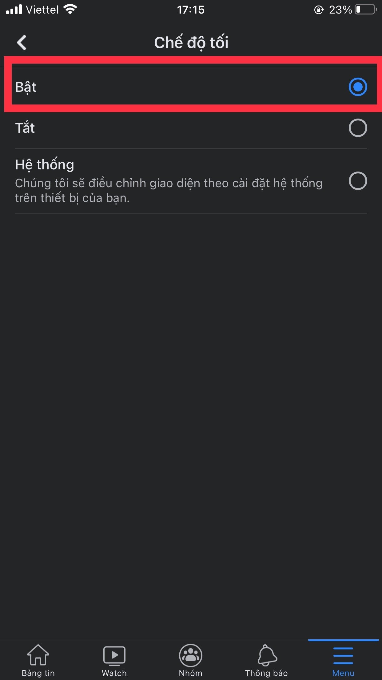 Ở trong Chế độ tối, bạn chọn Bật (Ảnh: BlogAnChoi). Ở trong Chế độ tối, bạn chọn Bật (Ảnh: BlogAnChoi).