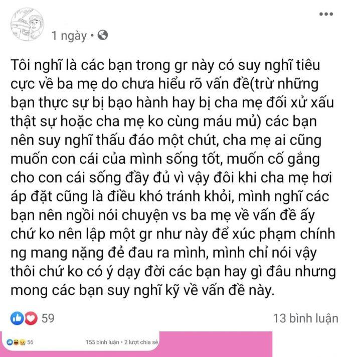 Trong chính group Ghét cha mẹ cũng có những người tham gia vào để phản đối sự tiêu cực của group. Nhưng lời nói lý thuyết thôi là chưa đủ. (Ảnh: Internet)