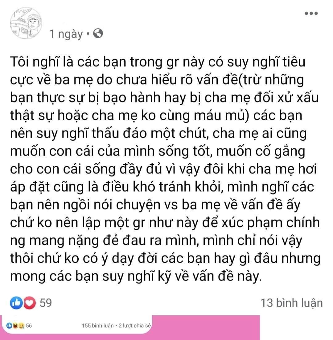 Trong chính group Ghét cha mẹ cũng có những người tham gia vào để phản đối sự tiêu cực của group. Nhưng lời nói lý thuyết thôi là chưa đủ. (Ảnh: Internet)