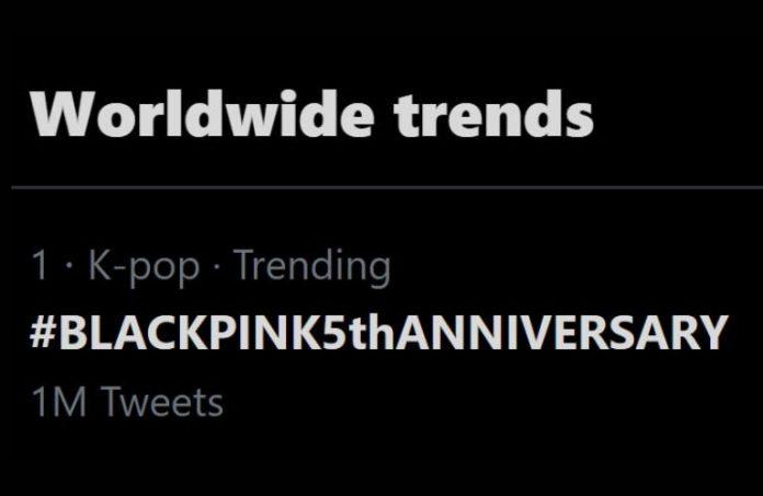 Hashtag #BLACKPINK5thAnniversary đã đạt mốc hơn 1 triệu lượt Tweets và thống lĩnh top 1 trending toàn cầu (Nguồn: Internet).