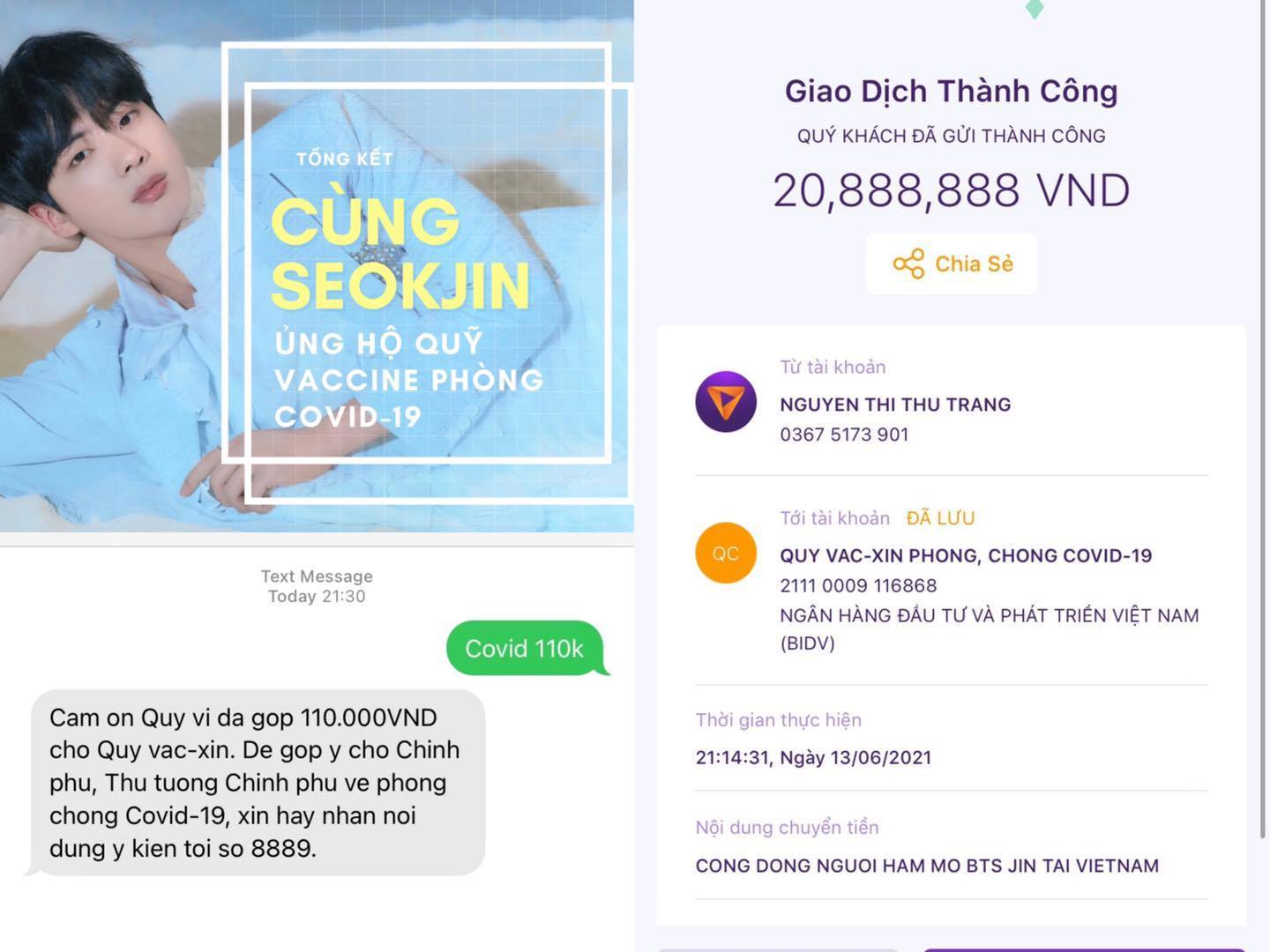 Jinah kêu gọi ủng hộ được 20.999.882 VNĐ (Ảnh: Jinah - BTS Jin's Vietnamese Fanpage)