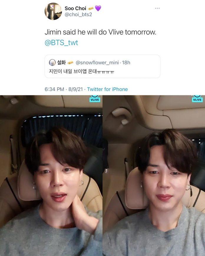 Jimin giữ lời hứa lên livestream (Ảnh: Internet)