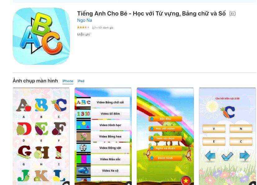 Tiếng Anh cho bé là ứng dụng của Việt Nam có lượt đánh giá khá cao trên Google Play (Nguồn: Internet).