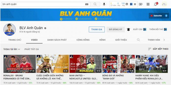 BLV Anh Quân có đến 3 vlog về bóng đá với gần 1,6 triệu sub (Nguồn: Internet).