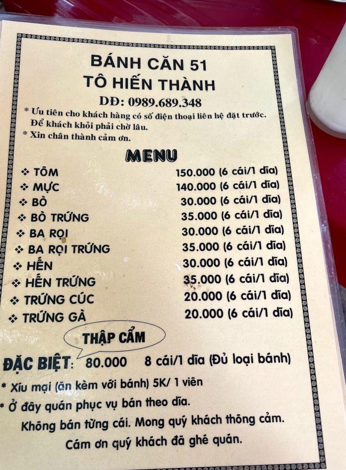 Menu của quán. (Ảnh: Internet)