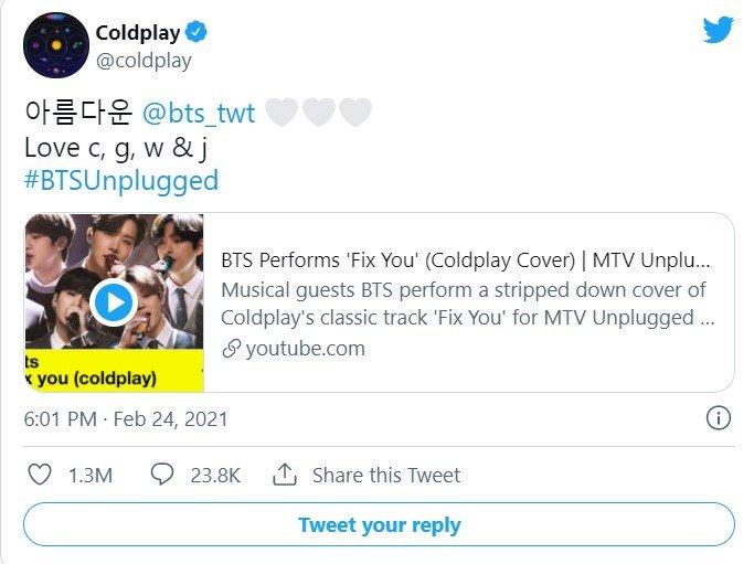 Coldplay không ngần ngại khen ngợi nam nhóm nhạc BTS (Ảnh: Twitter)