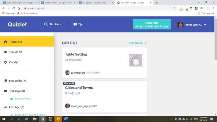 Giao diện học tập của Quizlet (Nguồn: Internet)