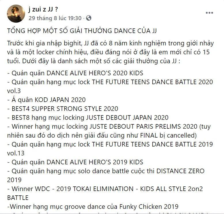 Danh sách giải thưởng về nhảy của JJ (Ảnh: Facebook j zui z JJ ?)