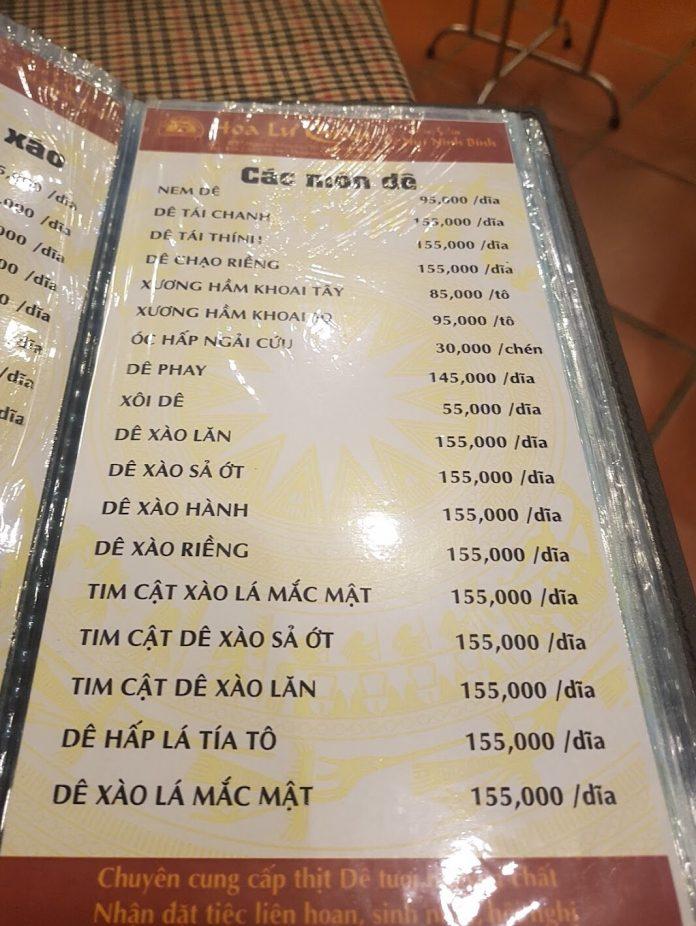 Menu của quán. (Ảnh: Internet)