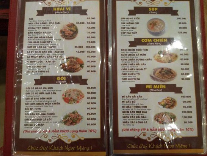 Menu của quán. (Ảnh: Internet)