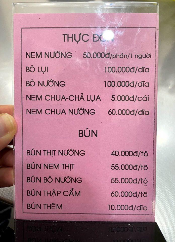 Menu của quán. (Ảnh: Internet)