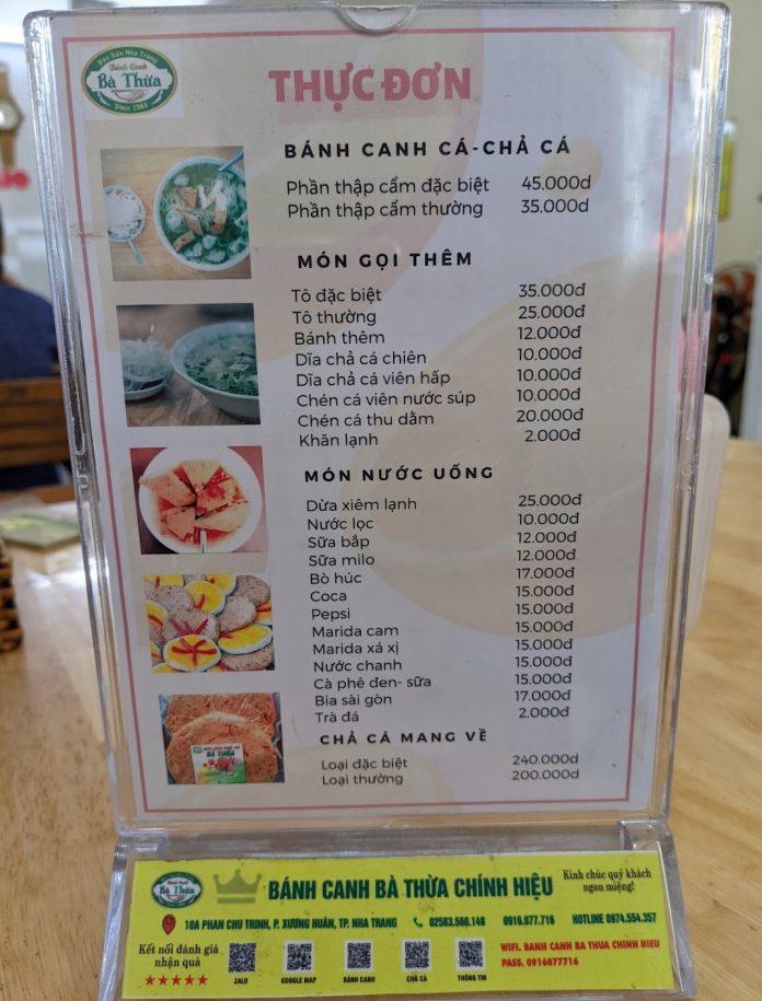 Menu của quán. (Ảnh: Internet)