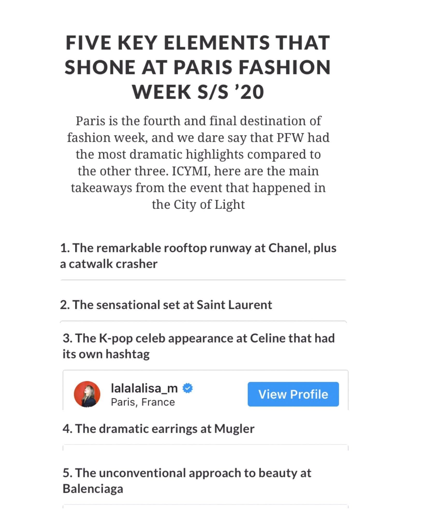 Tạp chí HerWorld đã lựa chọn Lisa BLACKPINK chính là 5 nhân tố quan trọng tỏa sáng tại Paris Fashion Week SS20 (Nguồn: Internet)