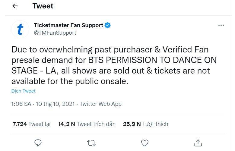 Thông báo của Ticketmaster (Ảnh: Twitter)