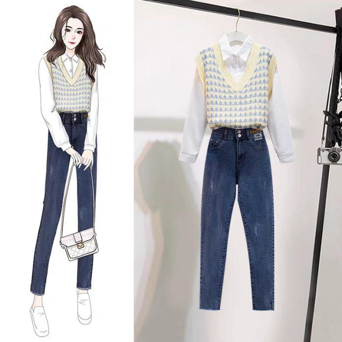 Quần jean cạp cao mix gile và sơ mi gọn gàng (Nguồn: Internet)