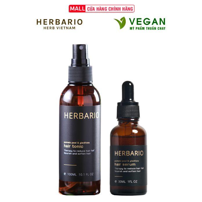 Bộ đôi sản phẩm Herbario giảm gãy rụng, kích thích tóc mọc nhanh hơn (Trái - nước dưỡng dạng xịt, phải - serum dưỡng) (Ảnh: Internet)