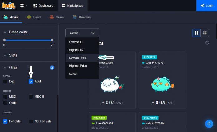 Sắp xếp theo giá rẻ và chỉ hiển thị Axe trưởng thành (Ảnh: Axie Marketplace).