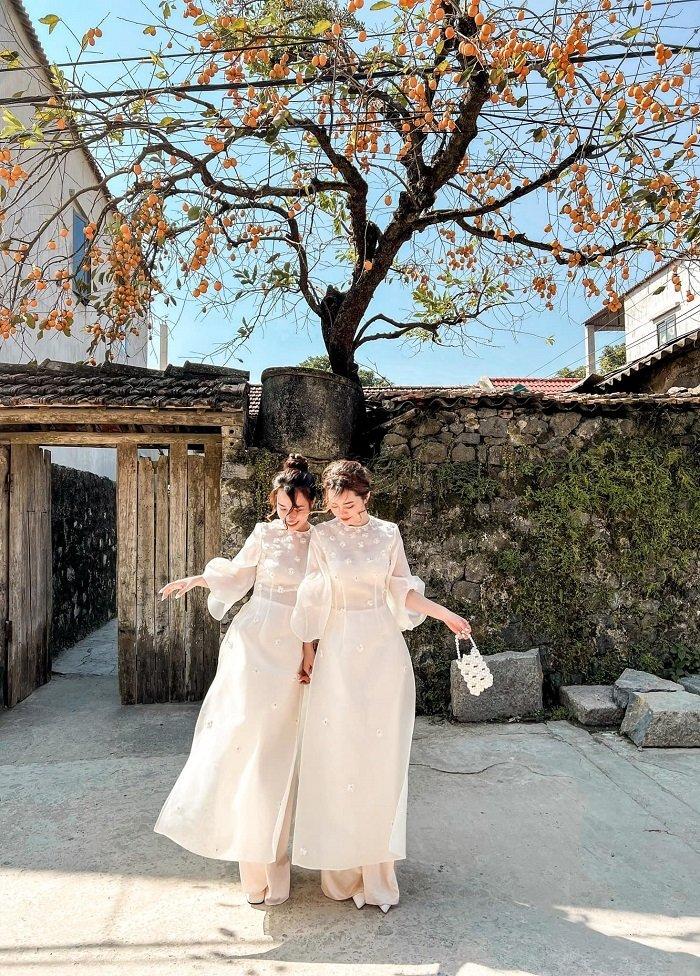 Phương Linh cùng cô bạn thân check-in trong trang phục áo dài tại cây hồng trăm tuổi (Nguồn: Chu Phương Linh).